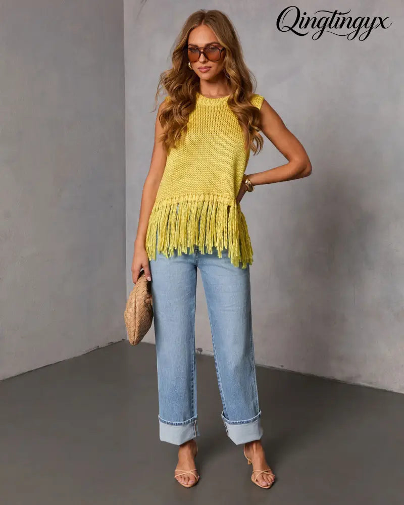 Morning Glow Knit Fringe Sweater - Sleeveless Sweater