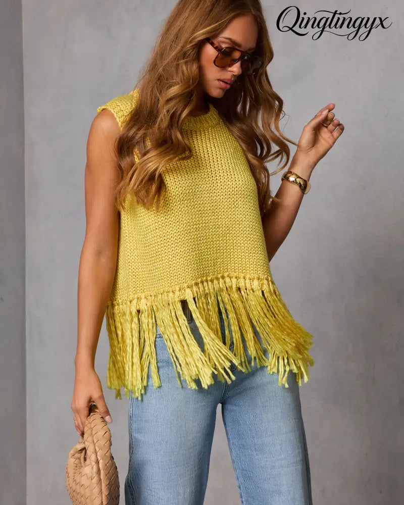 Morning Glow Knit Fringe Sweater - Sleeveless Sweater