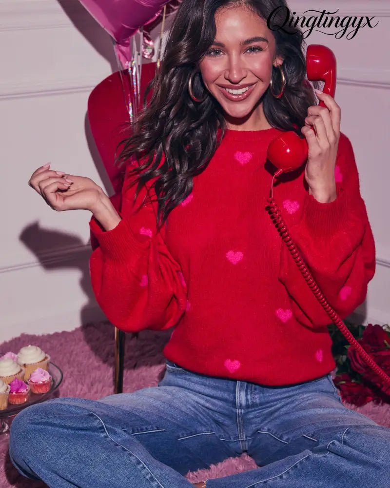 Normah Embroidered Heart Sweater - Red/Pink / XS/S - Long Sleeve Sweater