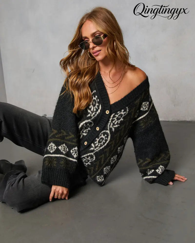 Oat Loop Abstract Print Cardigan - Cardigan