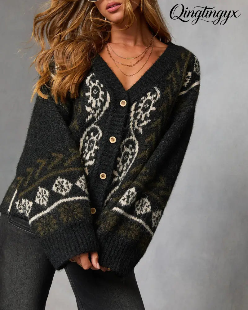 Oat Loop Abstract Print Cardigan - Black / XS - Cardigan