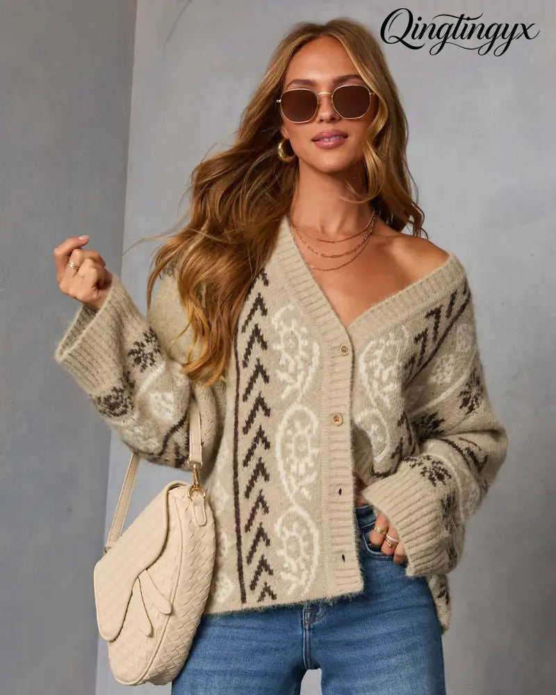 Oat Loop Abstract Print Cardigan - Oatmeal / XS - Cardigan