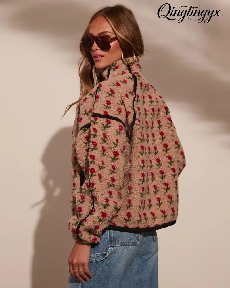 Pauleen Sherpa Floral Quarter Zip Sweatshirt - Sweatshirt