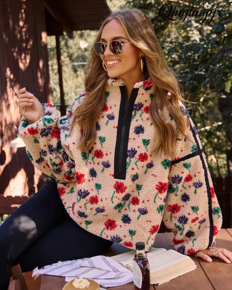 Pauleen Sherpa Floral Quarter Zip Sweatshirt - Sweatshirt