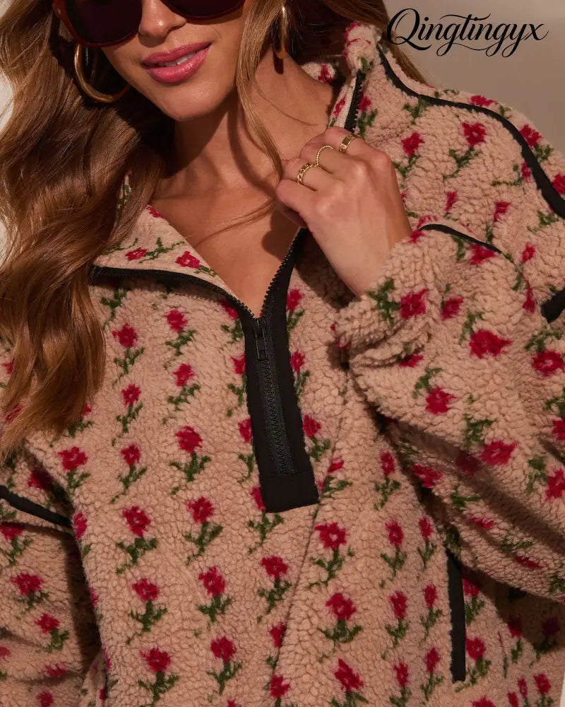 Pauleen Sherpa Floral Quarter Zip Sweatshirt - Sweatshirt