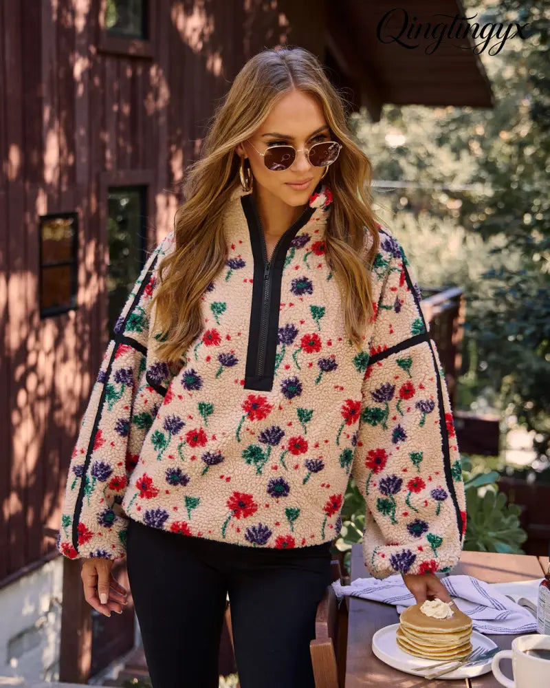 Pauleen Sherpa Floral Quarter Zip Sweatshirt - Sweatshirt