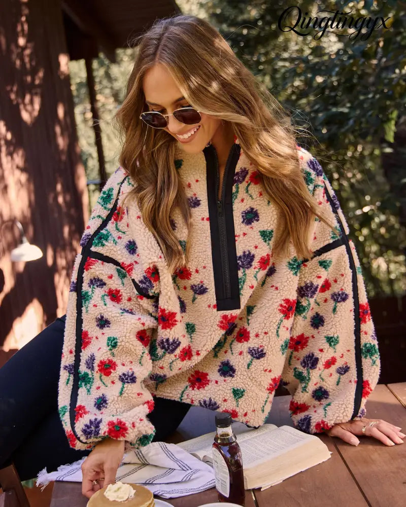Pauleen Sherpa Floral Quarter Zip Sweatshirt - Sweatshirt