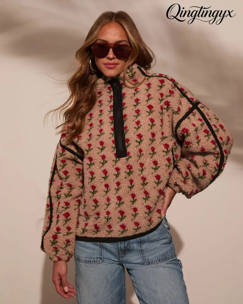 Pauleen Sherpa Floral Quarter Zip Sweatshirt - Sweatshirt