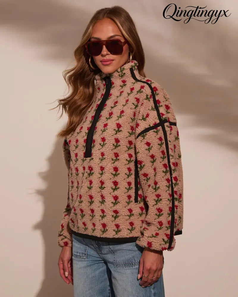 Pauleen Sherpa Floral Quarter Zip Sweatshirt - Sweatshirt