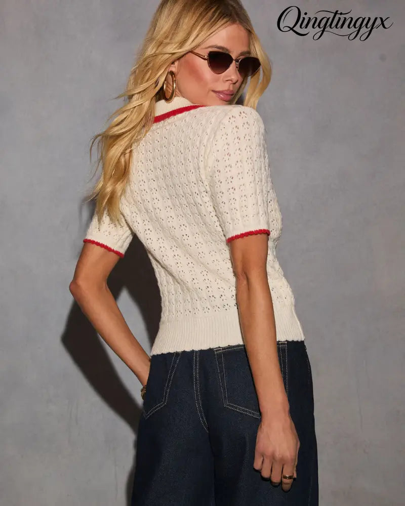 Quiet Luxe Knit Contrast Trim Sweater - Short Sleeve Sweater
