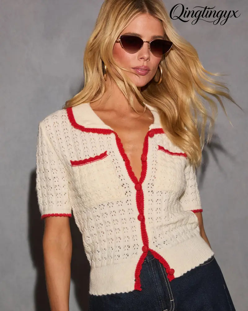 Quiet Luxe Knit Contrast Trim Sweater - Short Sleeve Sweater