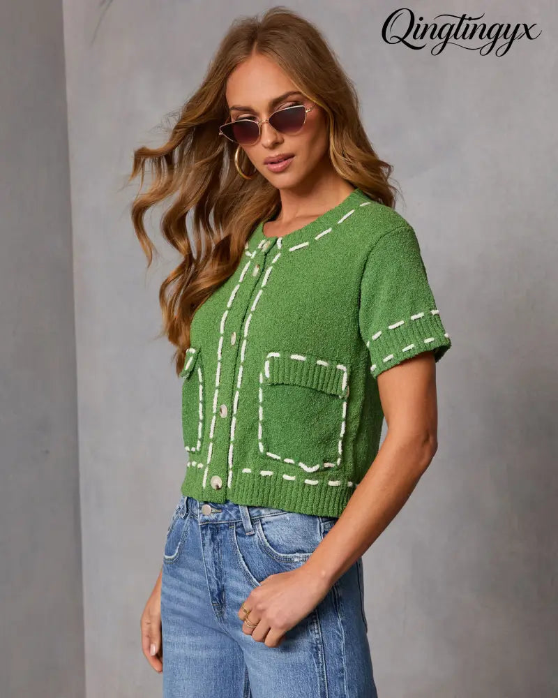 Quiet Start Contrast Stitch Cardigan - Cardigan