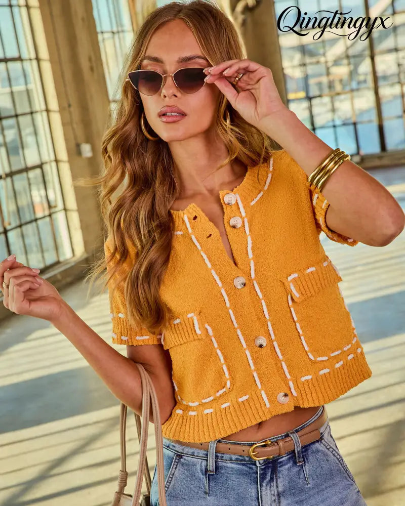 Quiet Start Contrast Stitch Cardigan - Orange / M - Cardigan