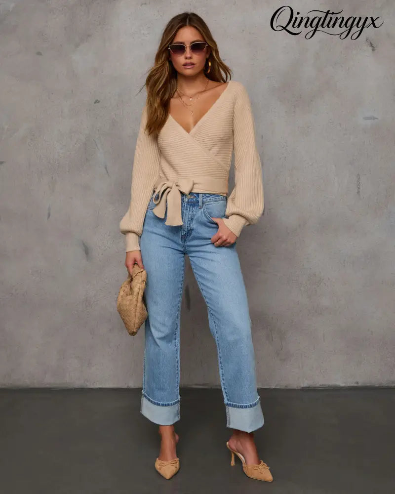 Rayna Cropped Wrap Sweater - Long Sleeve Sweater