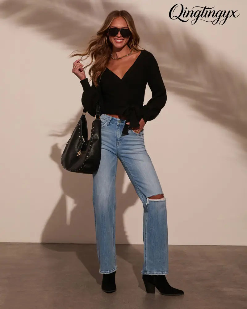 Rayna Cropped Wrap Sweater - Long Sleeve Sweater