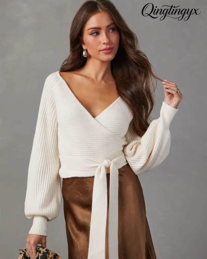 Rayna Cropped Wrap Sweater - Long Sleeve Sweater
