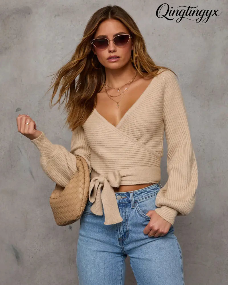 Rayna Cropped Wrap Sweater - Taupe / XS - Long Sleeve Sweater
