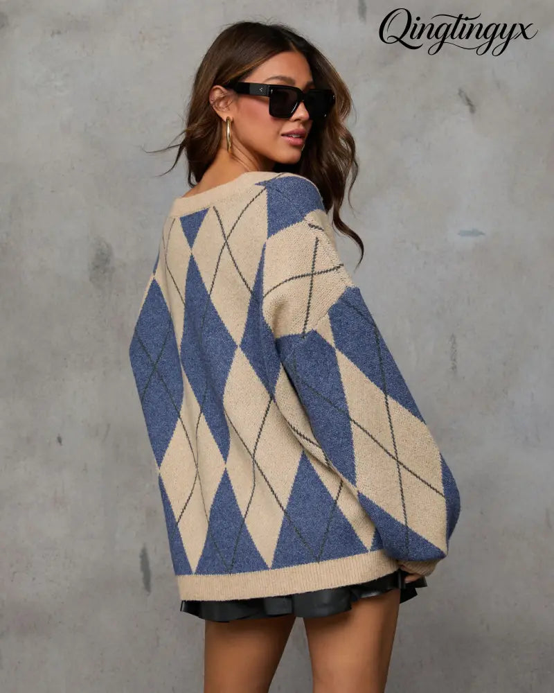 Remma Argyle Print V Neck Sweater - Long Sleeve Sweater