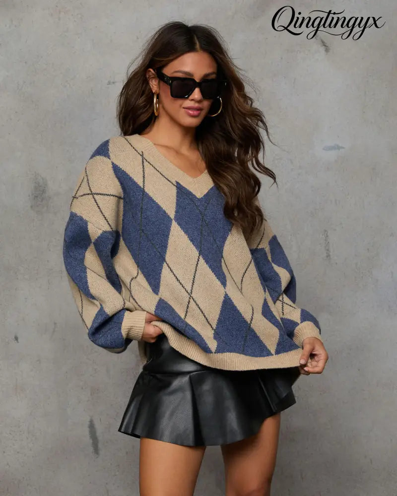 Remma Argyle Print V Neck Sweater - Long Sleeve Sweater