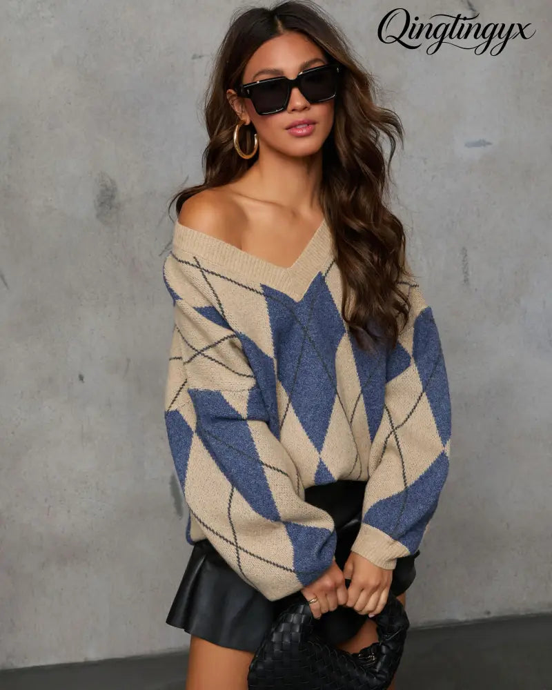 Remma Argyle Print V Neck Sweater - Tan Combo / XS - Long Sleeve Sweater