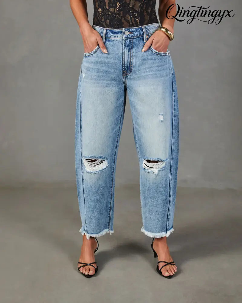 Reworked Frame Rigid Mid Rise Distressed Barrel Leg Jeans - Jeans