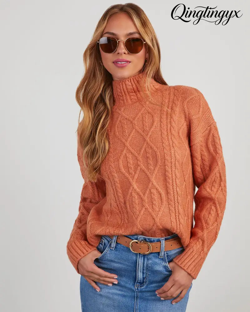 Sheila Cable Knit Turtleneck Sweater - Long Sleeve Sweater