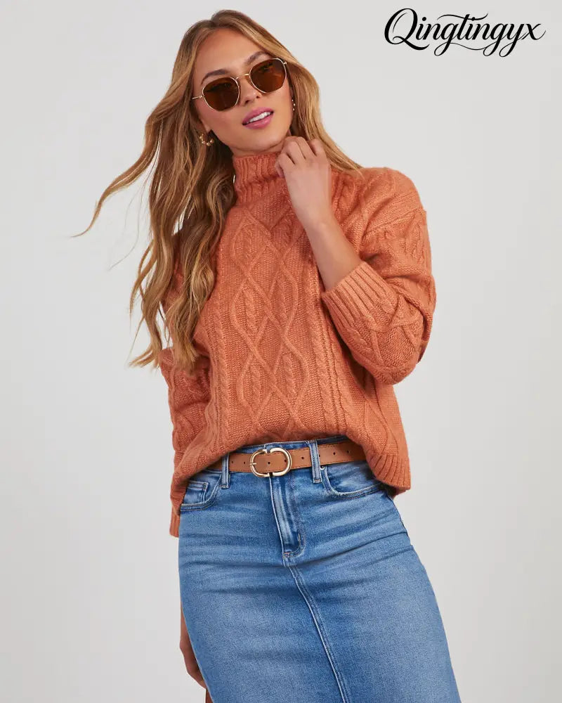 Sheila Cable Knit Turtleneck Sweater - Rust / XS - Long Sleeve Sweater