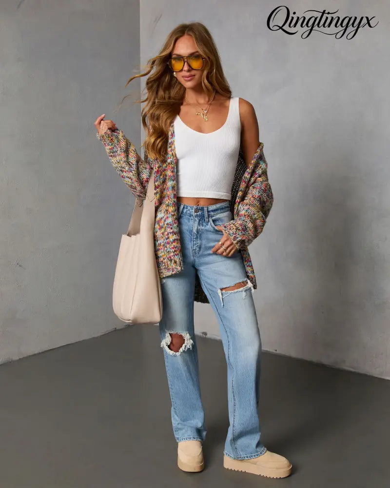 Soft Energy Multi Color Open Front Cardigan - Cardigan