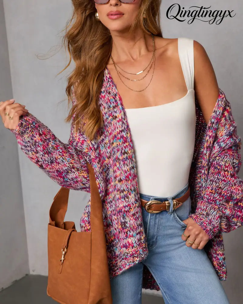 Soft Energy Multi Color Open Front Cardigan - Purple Multi / S - Cardigan