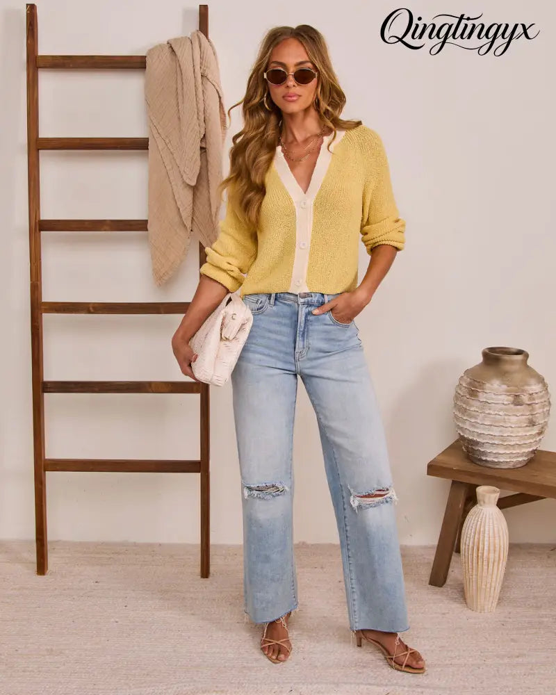Soft Power Contrast Trim Cardigan - Cardigan