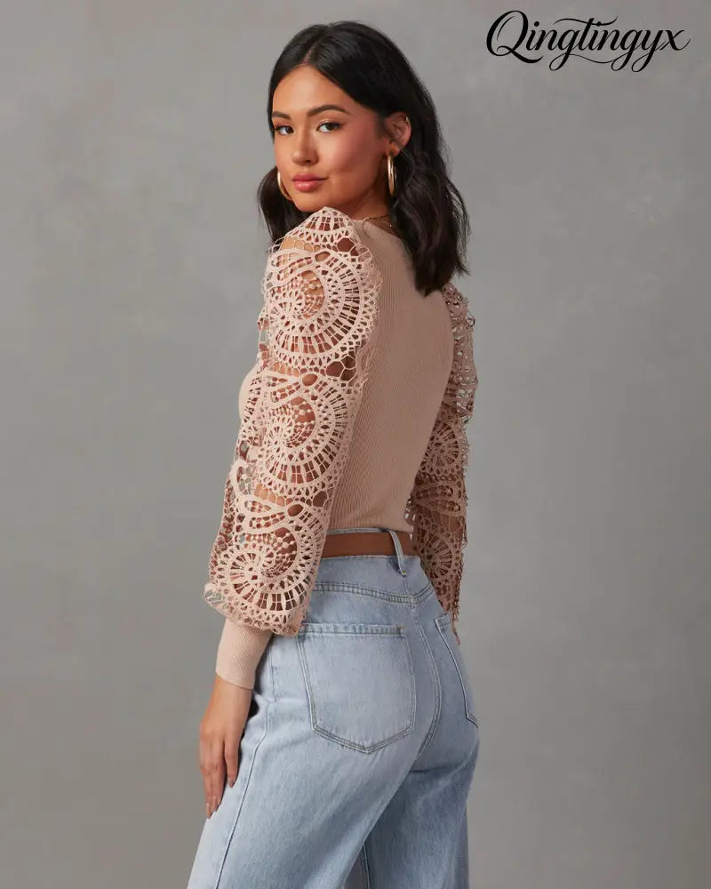 Sophia Crochet Sleeve Sweater Top - Beige / XS - Long Sleeve Sweater
