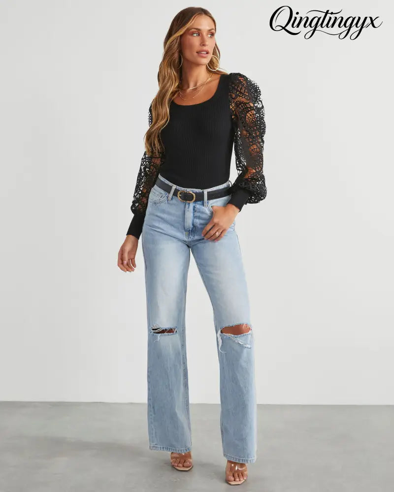 Sophia Crochet Sleeve Sweater Top - Black / XS - Long Sleeve Sweater