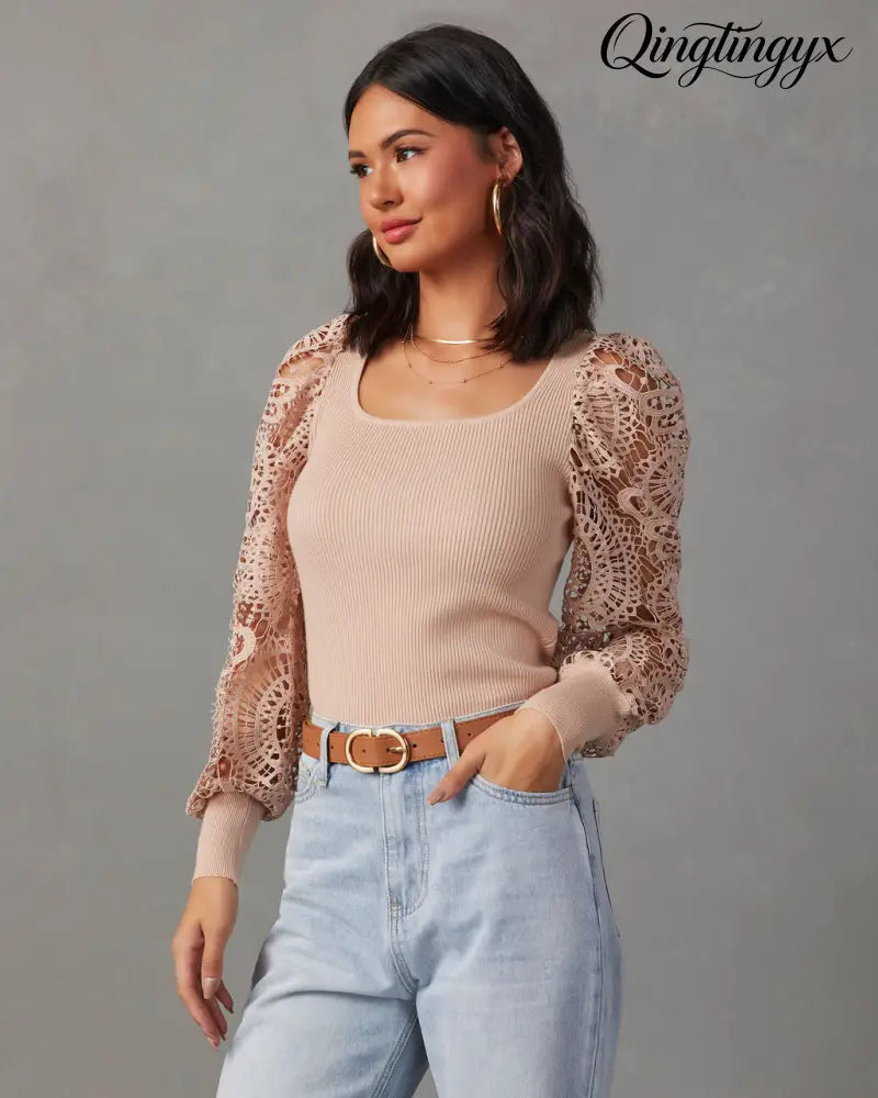 Sophia Crochet Sleeve Sweater Top - Long Sleeve Sweater