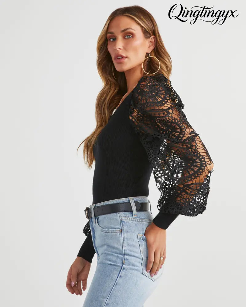Sophia Crochet Sleeve Sweater Top - Long Sleeve Sweater