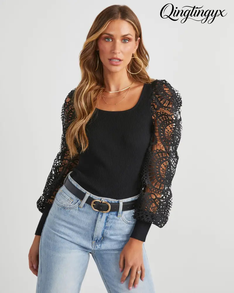 Sophia Crochet Sleeve Sweater Top - Long Sleeve Sweater