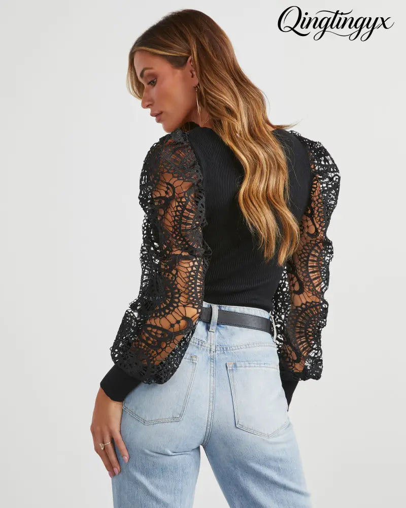 Sophia Crochet Sleeve Sweater Top - Long Sleeve Sweater