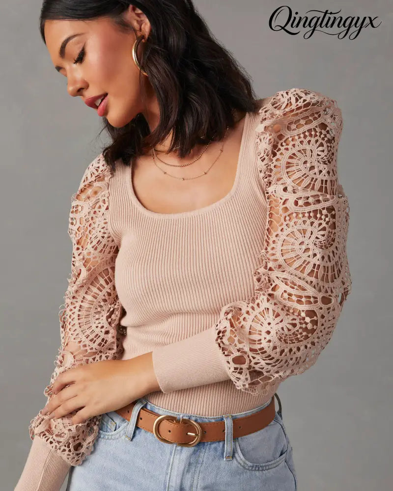 Sophia Crochet Sleeve Sweater Top - Long Sleeve Sweater