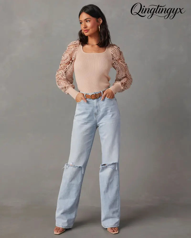 Sophia Crochet Sleeve Sweater Top - Long Sleeve Sweater