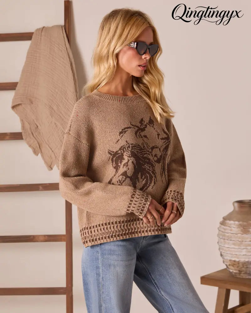 Stable Standard Horse Motif Sweater - Long Sleeve Sweater