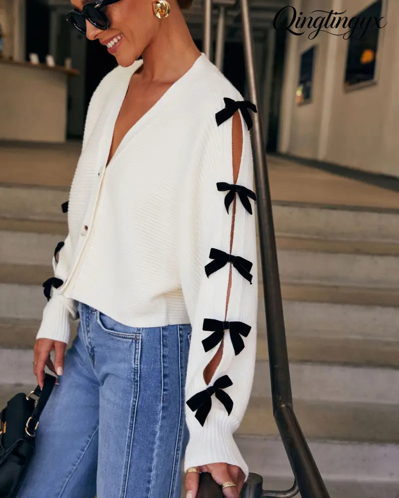 Sweet Darling Bow Embellished Cardigan - Cardigan